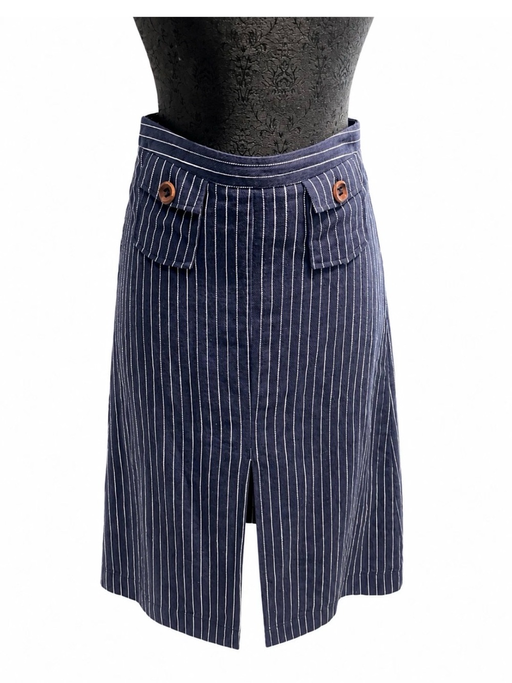 Line and Dot Linen and Cotton Pin Striped Skirt Lined Size Small Wood Buttons
